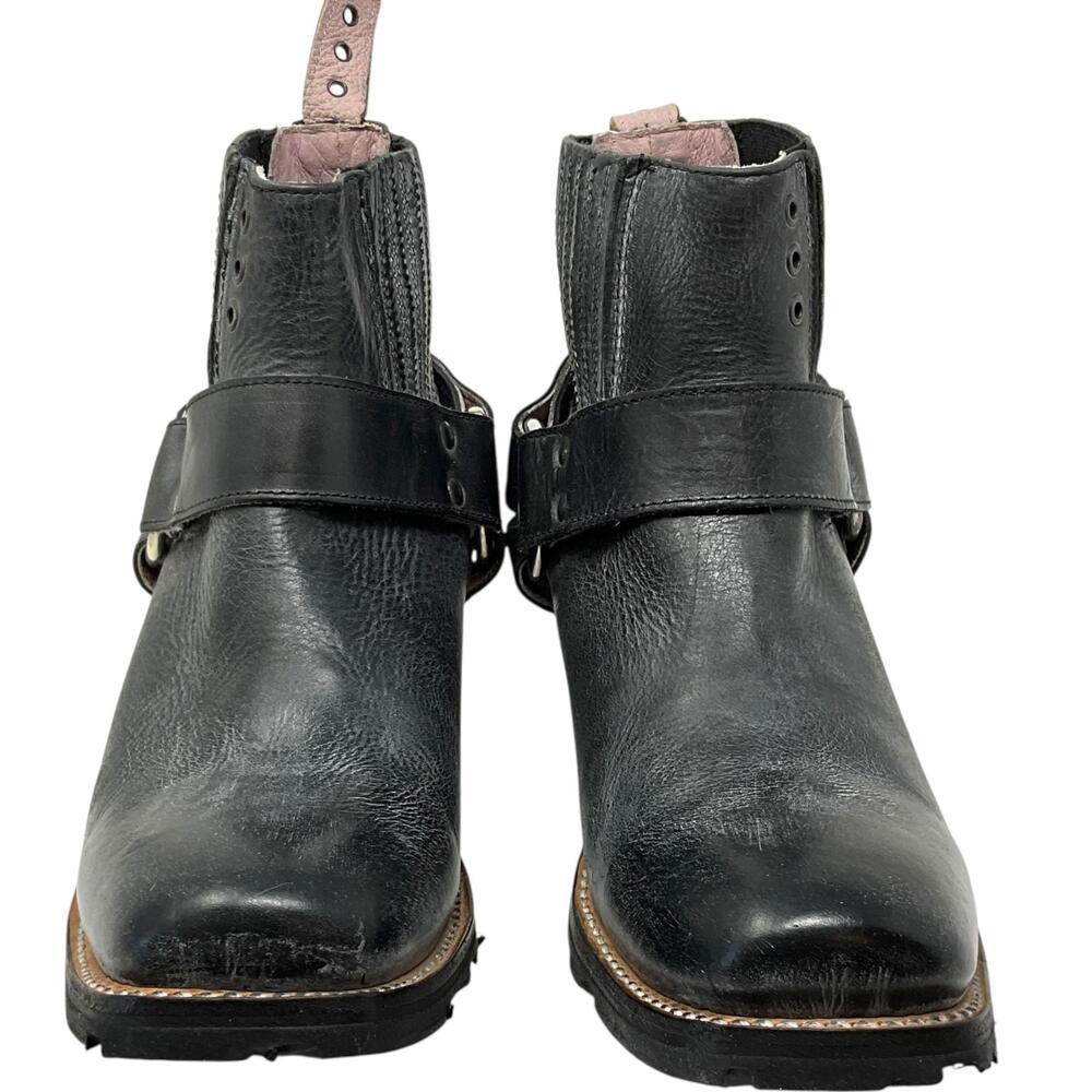 Freebird Whiskey Boots Womens 10 Black Leather Ankle Harness Biker Block Heel - Picture 2 of 11